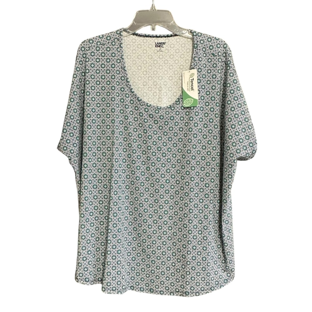 Lands End Womens 3X Tunic Top Short Sleeve Tencel Floral Geometric Print NWT‎